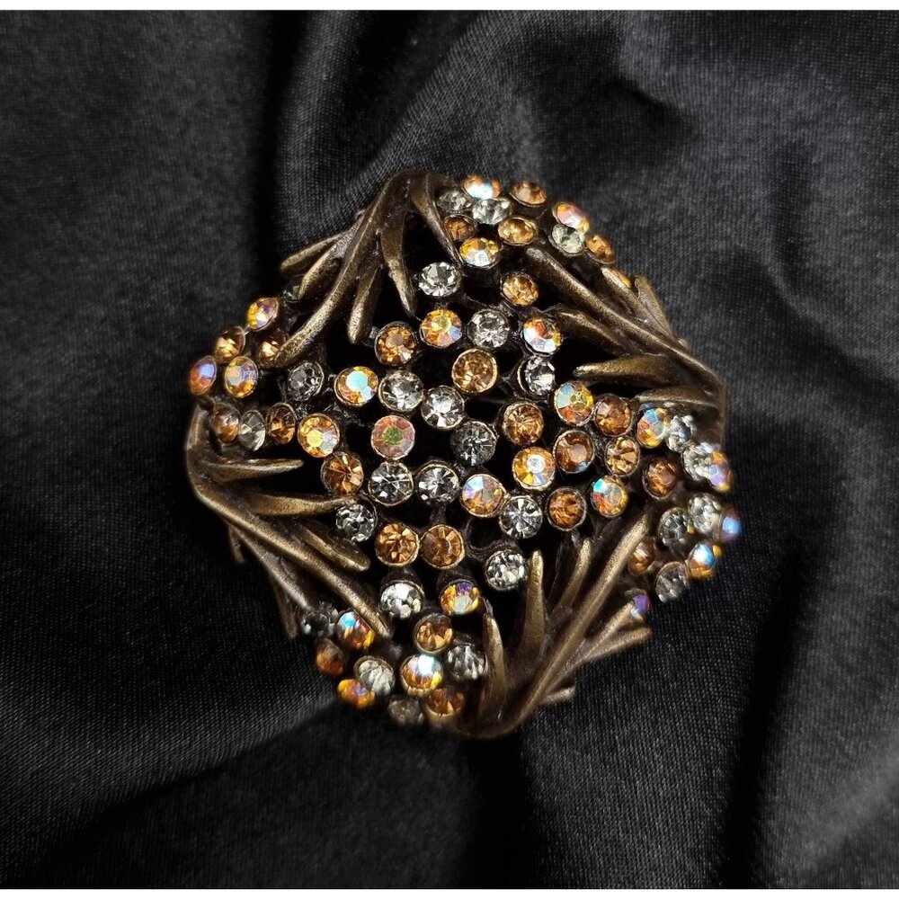 Vintage KARU Signed Brooch Floral Design With Rhinestones & Bronze Metal Finish